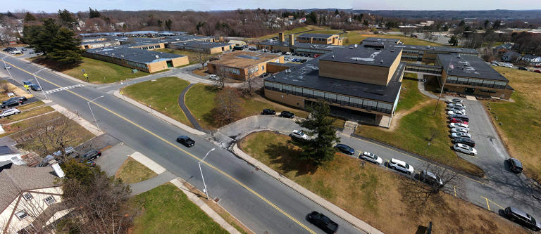 An aerial view of Burncoat Middle School and Burncoat High School.