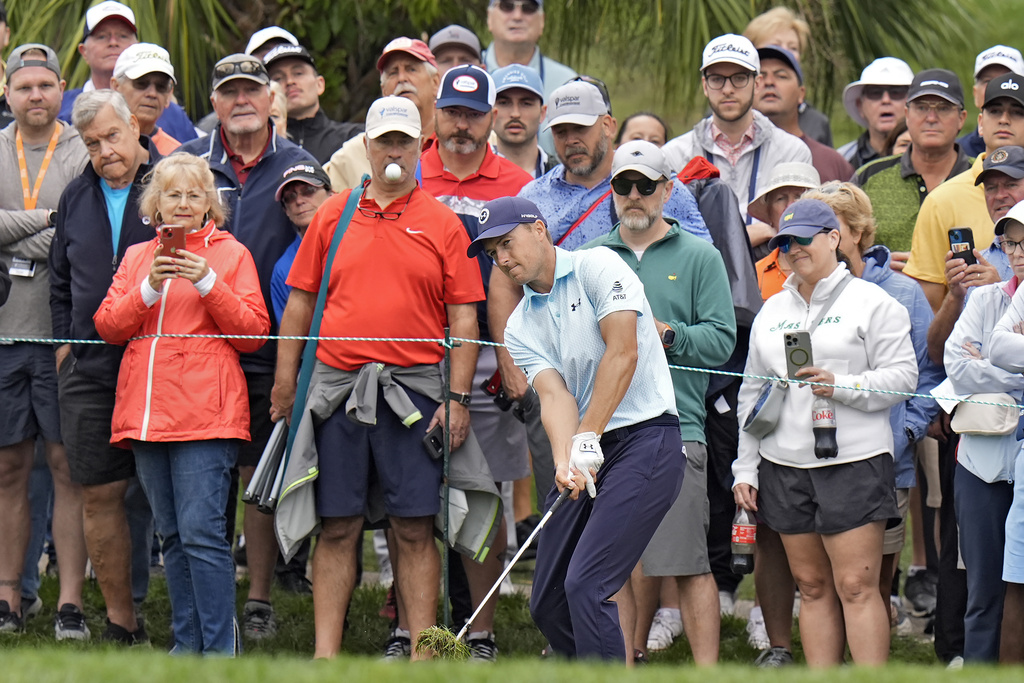 <p>Jordan Spieth hits from the rough on the fifth hole during the second round of the Valspar Championship golf tournament Friday, March 22, 2024, at Innisbrook in Palm Harbor, Fla. </p>