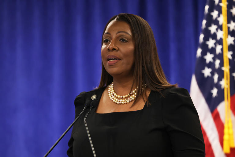 Attorney General Letitia James speaks during a press conference on Feb. 16, 2024, in New York City.