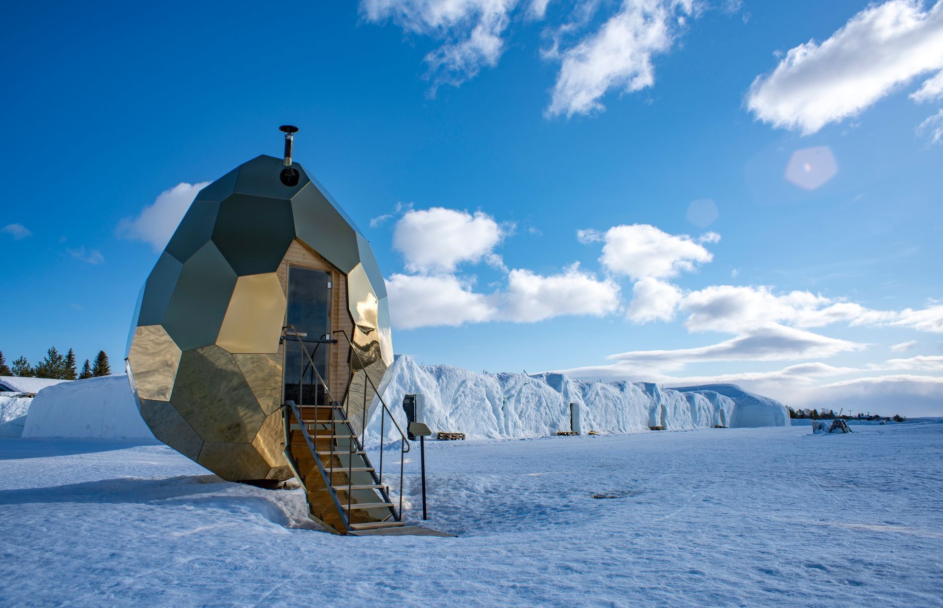 <p>For a most unusual spa experience, visit Kiruna’s <a href="https://www.swedishlapland.com/stories/solar-egg-sauna/" rel="noreferrer noopener">Solar Egg</a>, located in the Arctic region. Measuring over <a href="https://www.designboom.com/design/bigert-bergstrom-solar-egg-sauna-kiruna-sweden-05-09-2017/" rel="noreferrer noopener">five metres high and four metres wide</a>, this golden egg-shaped sauna with a pine interior can accommodate up to <a href="https://www.thisiscolossal.com/2017/05/a-mirrored-golden-egg-sauna-is-hatched-in-sweden/" rel="noreferrer noopener">eight guests at a time</a>. Complete the thermal cycle with a roll in the snow to lower your body temperature.</p>