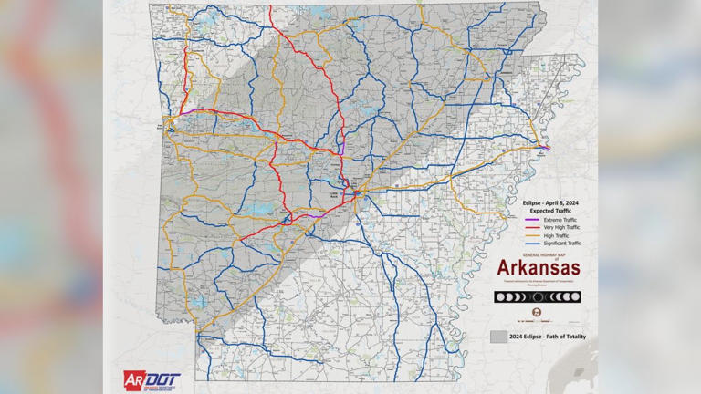 The map designates the roads in Arkansas that are expected to see the areas with the highest amount of traffic right after the eclipse.