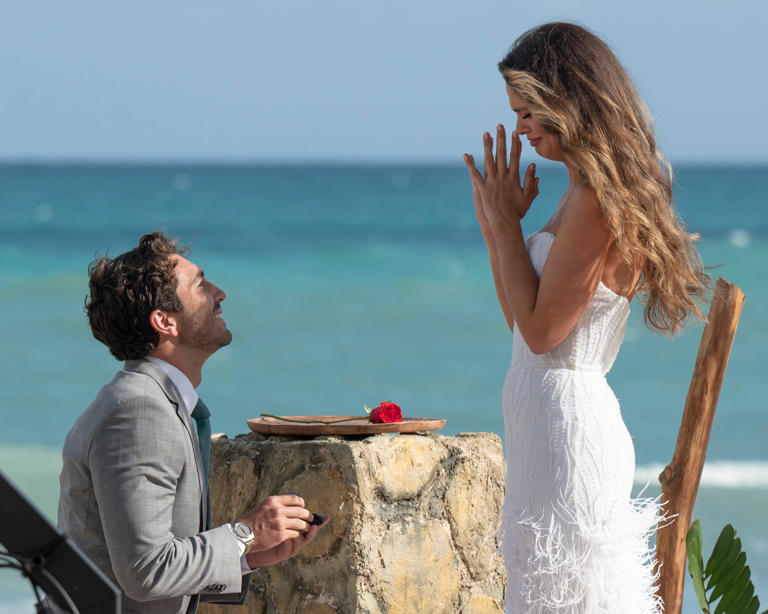 Joey Graziadei (left) proposes to Kelsey Anderson in "The Bachelor" Season 28 finale, airing March 25, 2024.