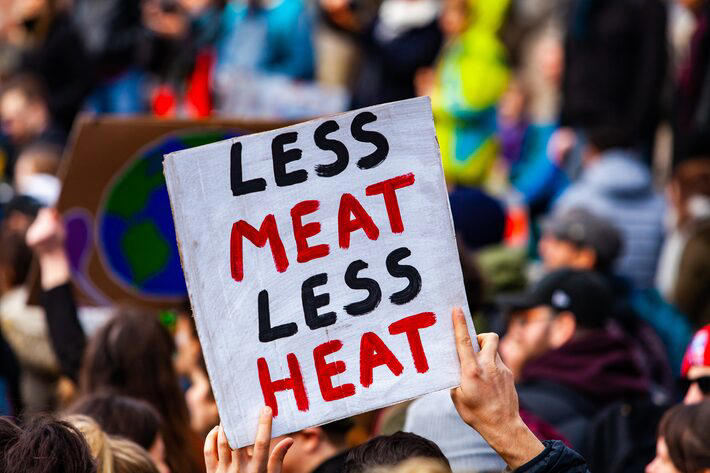 Cartaz de manifestante diz "menos carne, menos calor"; impacto ambiental das indústrias de carne e de lacticínios é particularmente elevado em emissão de gases que aquecem o planeta Foto: Valmedia/Adobe Stock