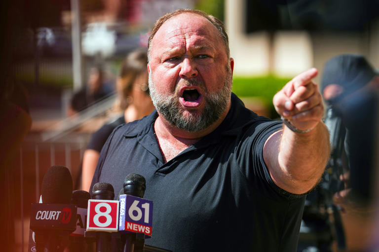 Alex Jones outside Waterbury Superior Court during his trial on Sept. 21, 2022 in Waterbury, Conn.