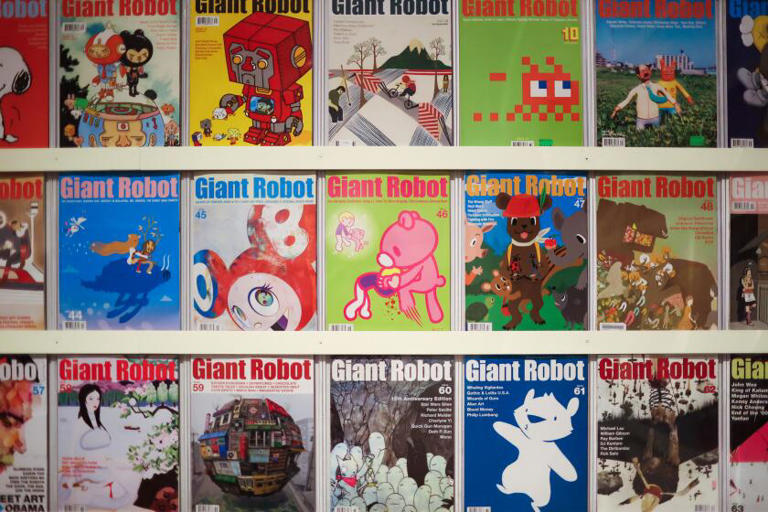 Magazine covers of Giant Robot are displayed at the Japanese American National Museum. ((Michael Blackshire / Los Angeles Times))
