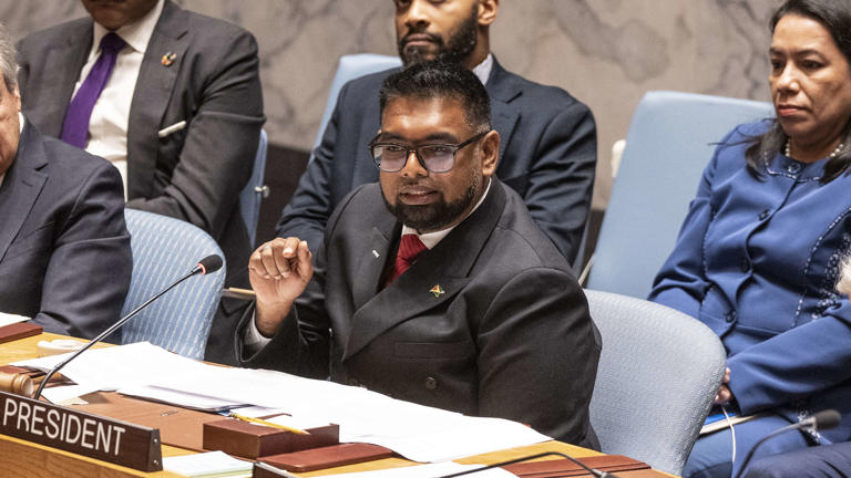President of Guana Mohamed Irfaan Ali speaks during Security Council meeting on Maintenance of international peace and security: The impact of climate change and food insecurity at UN Headquarters in New York on February 13, 2024. (Photo by Lev Radin/Sipa USA)No Use Germany.