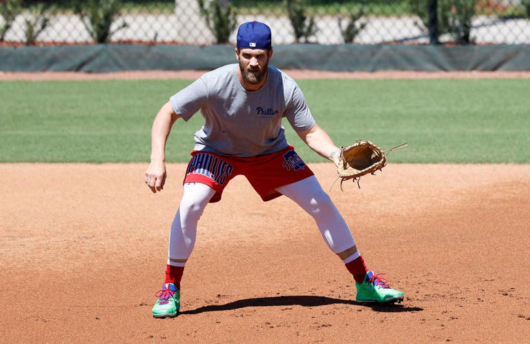 Phillies first baseman Bryce Harper spent considerable time in spring training taking grounders on a half-field adjacent to BayCare Ballpark.