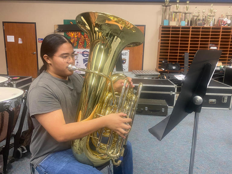Gregory-Portland High School senior Rufino Medado practices the tuba Monday afternoon in the school band room. Medado was chosen for the 2024 National Youth Orchestra.