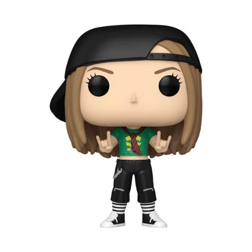 funko pop of avril lavigne wearing green shirt, striped tie and cargo pants
