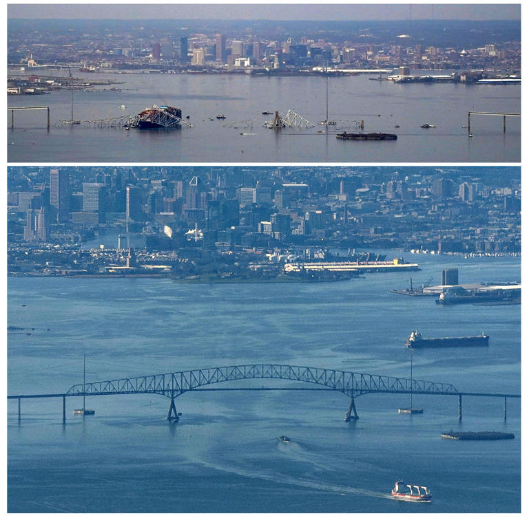Top: The Francis Scott Key Bridge collapsed in Baltimore after being struck by the Dali cargo vessel on March 26, 2024. Bottom: File photo of the Francis Scott Key Bridge, with Baltimore's skyline in the distance, on March 24, 2024. / Credit: Reuters