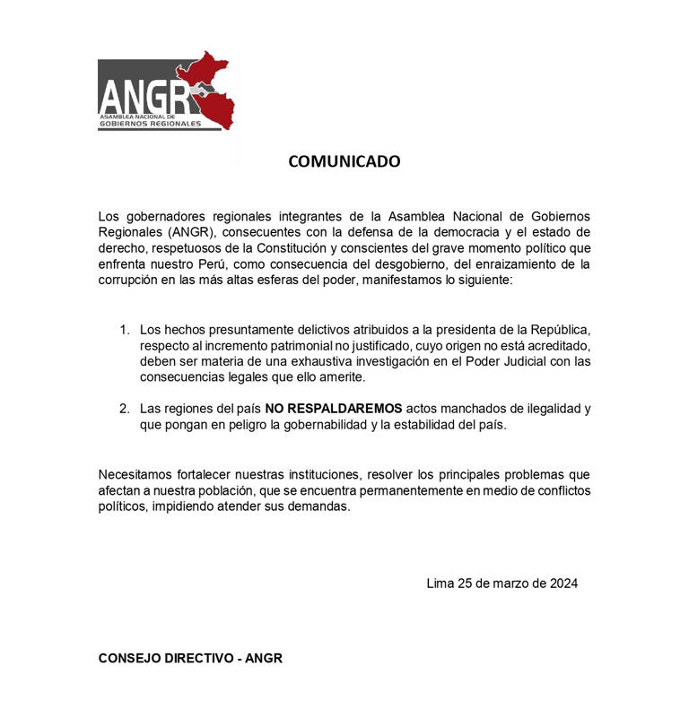  Comunicado de la ANGR. Foto: ANGR