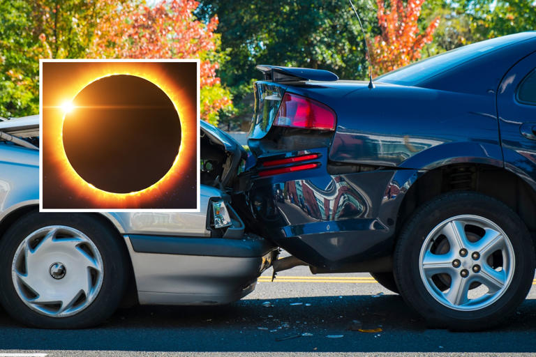 Stock image of a car crash (main) and a solar eclipse (inset). In 2017, car crash deaths increased during the days before and after the total solar eclipse.