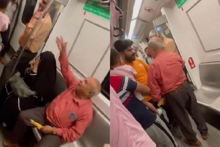 Delhi Metro: Desi Uncle Engages in Verbal Abuse With Man Over Seat Issue in Viral 'Kalesh' Video (Photo Credits: X/@gharkekalesh)