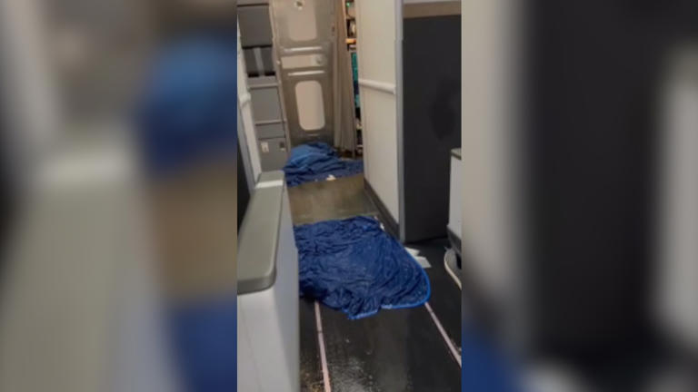Blue blankets from the plane could be seen attempting to mop up the water.