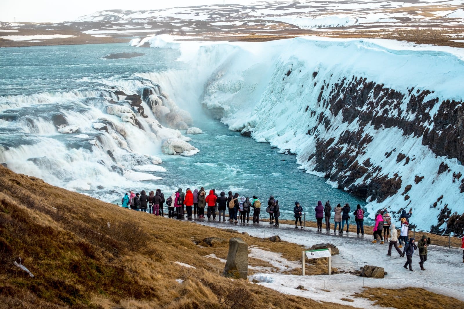 <p class="wp-caption-text">Image Credit: Shutterstock / lenggirl</p>  <p><span>Gullfoss, or “Golden Falls,” is a stunning waterfall in the canyon of the Hvítá River in southwest Iceland. Part of the famous Golden Circle route, Gullfoss is known for its immense power and beauty, cascading down in two stages into a deep crevice hidden from view, creating an awe-inspiring spectacle. The waterfall’s surrounding landscapes are equally breathtaking, offering panoramic views of Iceland’s rugged terrain.</span></p>