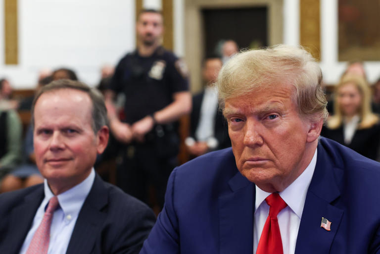 Former President Donald Trump and his lawyer Christopher Kise attend the closing arguments in the Trump Organization civil fraud trial at New York State Supreme Court on January 11, 2024 in New York City.