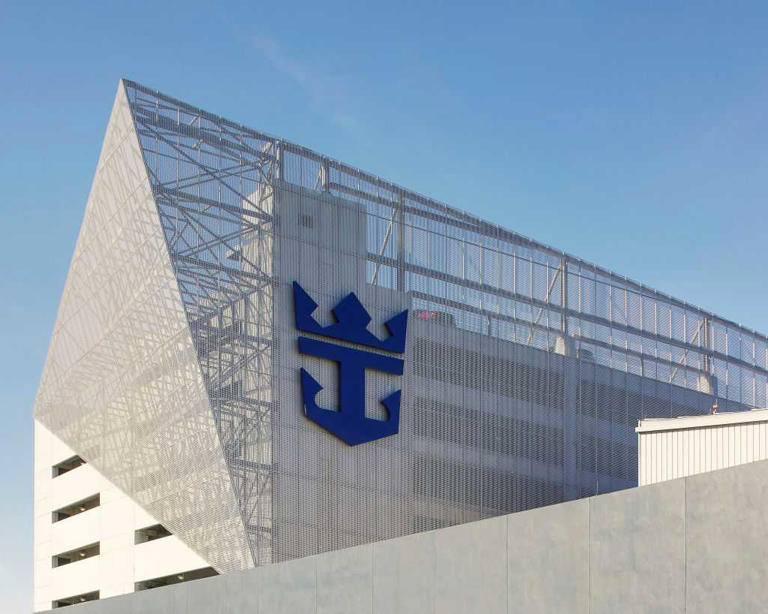 Detail of logo and exterior cladding. Royal Caribbean Miami Cruise Terminal, Miami, United States. Architect: Broadway Malyan Limited, 2019. (Photo by: View Pictures/Hufton+Crow/Universal Images Group via Getty Images)