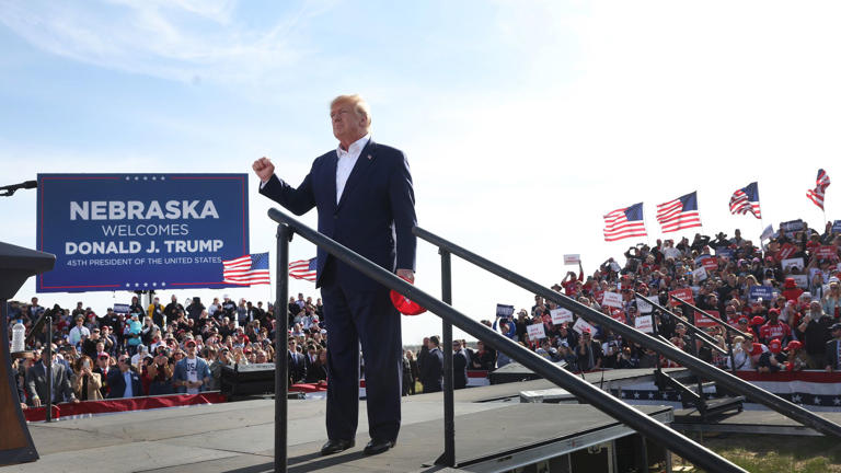 Former President Donald Trump arrives for a rally at the I-80 Speedway in 2022 in Greenwood, Nebraska.