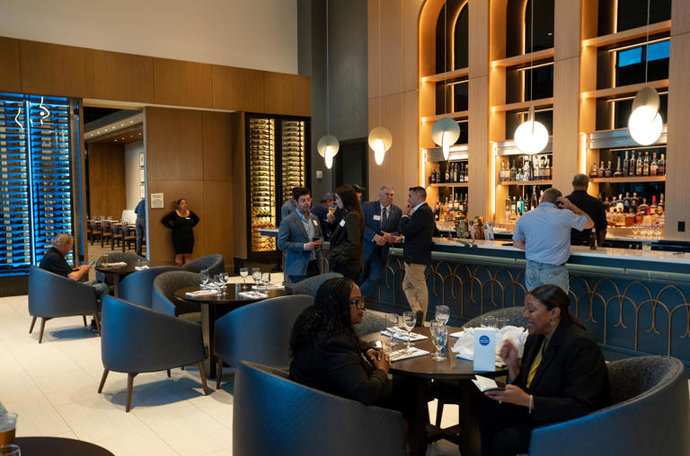 The lobby bar during the grand opening celebration at the Hilton BNA Nashville Airport Terminal hotel in Nashville, Tenn., Wednesday, April 3, 2024.