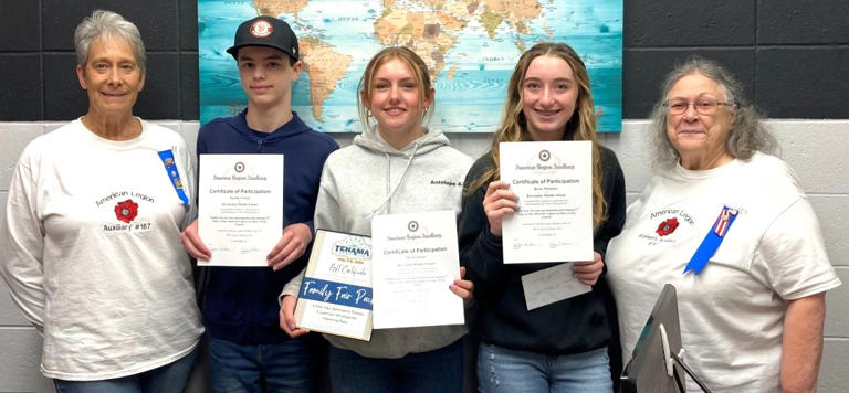 Three students were awarded for winning essays in the Red Bluff American Legion Post Unit 167 contest. From left: American Legion Auxiliary, Unit 167 Unit President Daleen Baker, students Xander Gozzo, Olivia Owens, Reese Whitaker and Lois Barnes, the essay co-chairperson.  (Red Bluff American Legion Post Unit 167/contributed)
