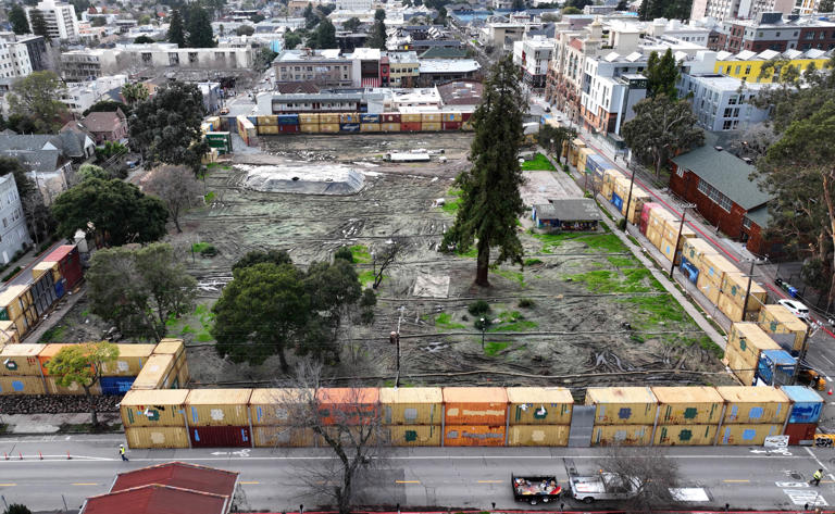 A drone view of People’s Park in Berkeley, Calif., on Tuesday, Jan. 23, 2024. UC Berkeley has surrounded the park with shipping containers and hired full-time security to keep people out while waiting for court approval to build student housing there.