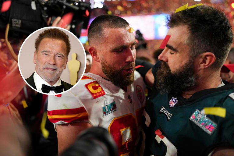 Arnold Schwarzenegger (inset image) onstage in the press room at the 96th Annual Academy Awards at Ovation Hollywood on March 10, 2024 in Hollywood, California. (Main image) Travis Kelce (L) of the Kansas City Chiefs speaks with Jason Kelce of the Philadelphia Eagles after Super Bowl LVII at State Farm Stadium on February 12, 2023 in Glendale, Arizona. Schwarzenegger claimed the brothers were planning a move into Hollywood.