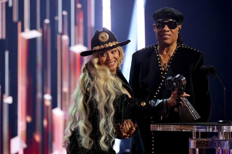 Beyoncé accepts the Innovator Award from Stevie Wonder onstage during the 2024 iHeartRadio Music Awards at Dolby Theatre on April 01, 2024 in Hollywood, California
