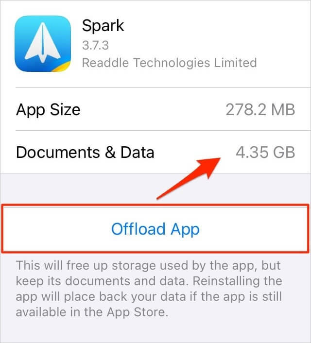Offload app document and data on iPhone