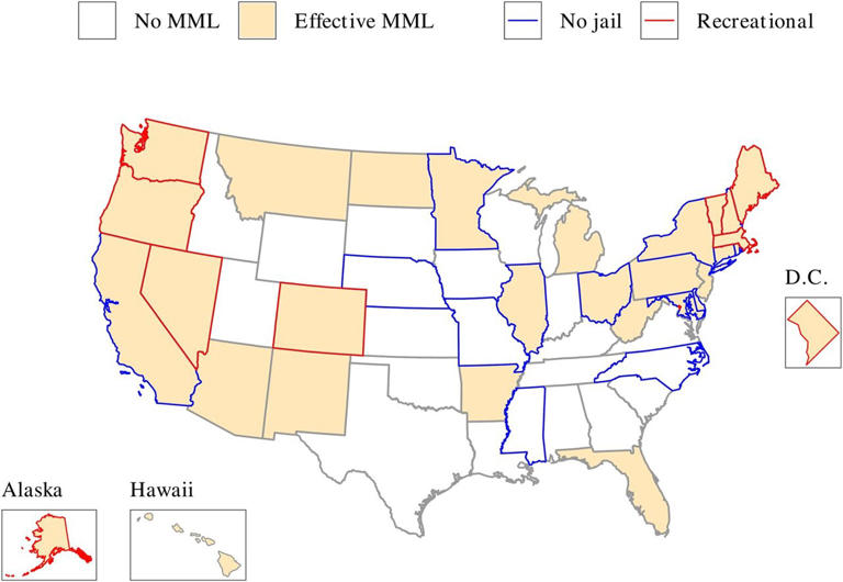 Regulation of (medical) marijuana across US states at the end of 2018. Credit: Health Economics, Policy and Law (2024). DOI: 10.1017/S1744133124000033