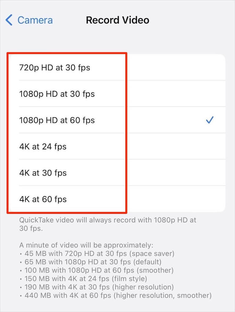 iPhone video resolutions