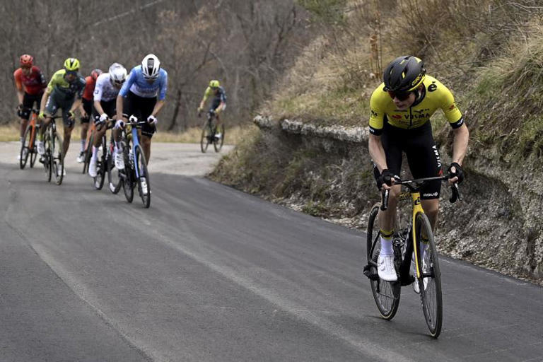 Denmark's Jonas Vingegaard leads during the fifth stage of the Tirreno Adriatico cycling race, from Torricella Sicura to Valle Castellana, Italy, Friday, March 8, 2024. ©Fabio Ferrari/LaPresse via AP