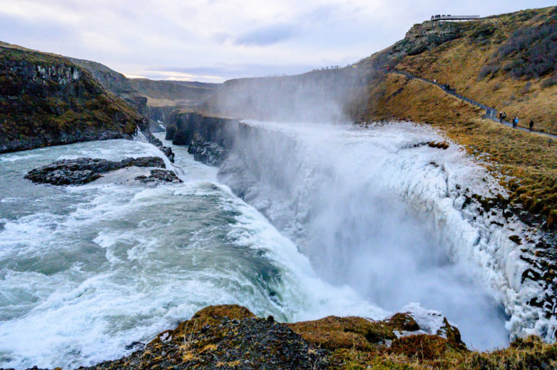 <p>Iceland is known for its beaut, as is Gullfoss Falls. "Gullfoss" means "Golden Falls" in Icelandic and refers to the way the sun hits the water. A few decades back, there were thoughts about using Gullfoss Falls to generate electricity, but citizens fought back against the idea.</p>