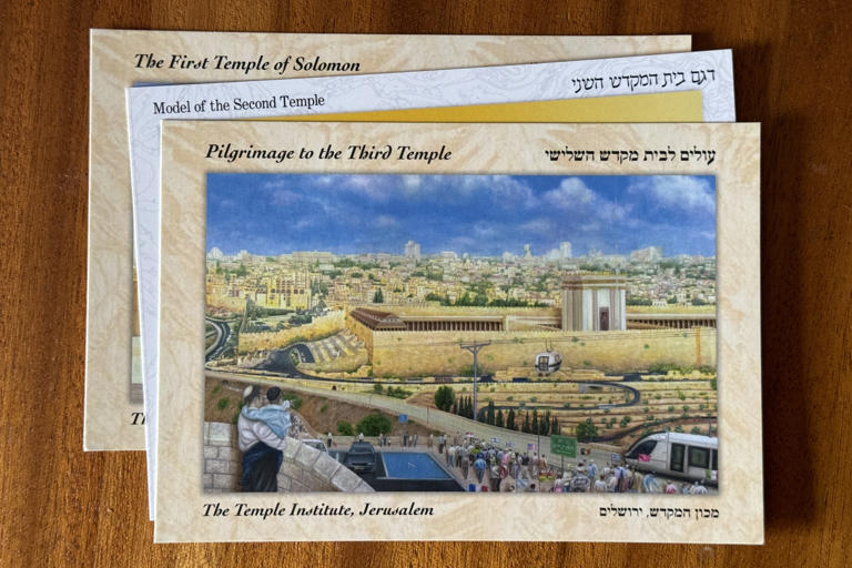 Postcards sold by the Temple Institute in Jerusalem give an artist's impression of the Third Temple. War in Gaza has given new impetus to a small group of Jews seeking to build a temple where Muslim shrines now stand. Matthew Tostevin