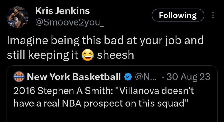 Former March Madness hero Kris Jenkins called out Stephen A. Smith and Skip Bayless for a factually bad take on Jenkins' Villanova team. Photo Credit: Kris Jenkins on Twitter/X