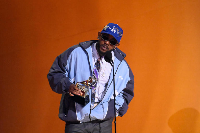 Kendrick Lamar accepts the award for best rap album for “Mr. Morale & The Big Steppers" during the Grammys on Feb. 5, 2023.