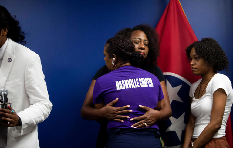 Rafiah McCormick with Moms Over Murder, is hugged by Karen Johnson during a press conference where McCormick spoke about the killing of her son, Rodney Armstrong at Cordell Hull State Office Building in Nashville , Tenn., Thursday, July 20, 2023.