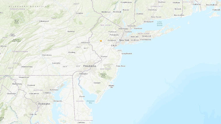 A map by the U.S. Geological Survey shows the earthquake’s epicenter just north of Whitehouse, New Jersey, around 45 miles west of New York City. (USGS)