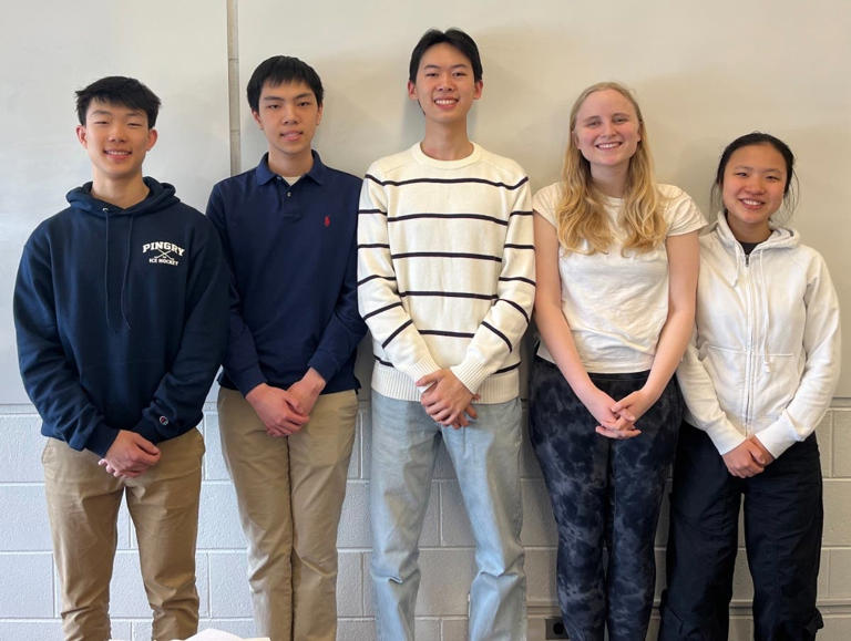 Pictured from the left are The Pingry School students and M3 Challenge finalists Evan Xie, Elbert Ho, Alan Zhong, Annabelle Shilling, and Laura Liu.