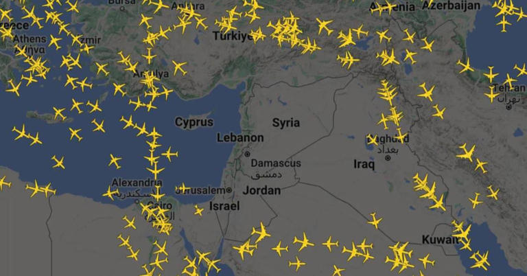 Flightradar24 over the Middle East on April 14th, 2024 after Iran launched drone strikes towards Israel.