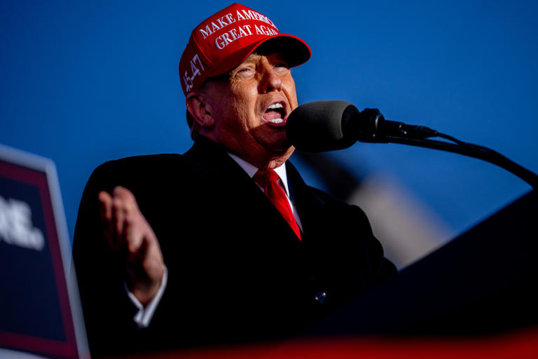 Republican presidential candidate, former President Donald Trump speaks at a rally outside Schnecksville Fire Hall on April 13, 2024 in Schnecksville, Pennsylvania.