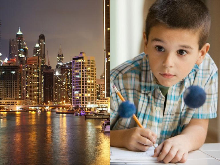 Dubai's skyline and a stock image of a child studying. Getty Images