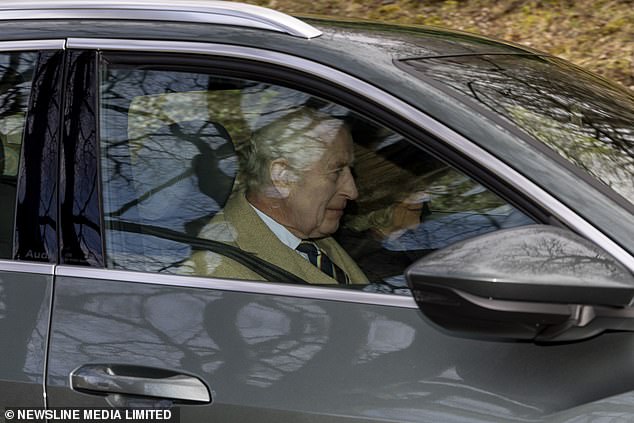 cancer-stricken king charles grins as queen camilla gives a friendly wave as they are spotted together driving to sunday service at crathie kirk