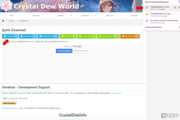 The CrystalDiskInfor Official website with a red arrow pointing to the CrystalDiskInfo download button