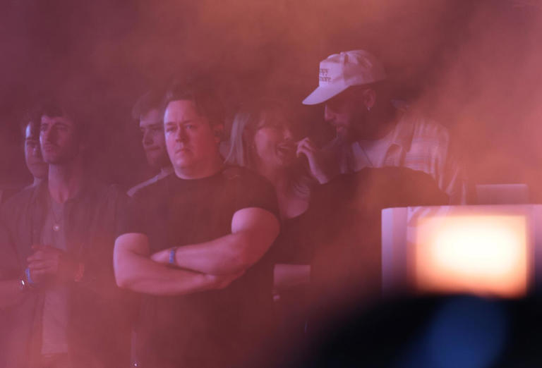 Taylor Swift and Travis Kelce watch Bleachers perform at Coachella on Saturday, April 13, 2024. ((Christina House/Los Angeles Times))