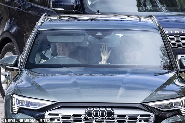 cancer-stricken king charles grins as queen camilla gives a friendly wave as they are spotted together driving to sunday service at crathie kirk