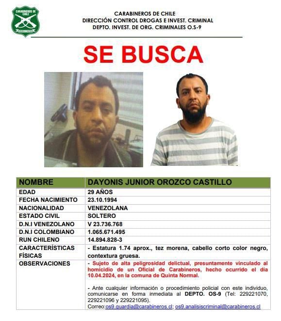 carabineros publicó la imagen e identidad del sujeto prófugo por el asesinato del teniente sánchez