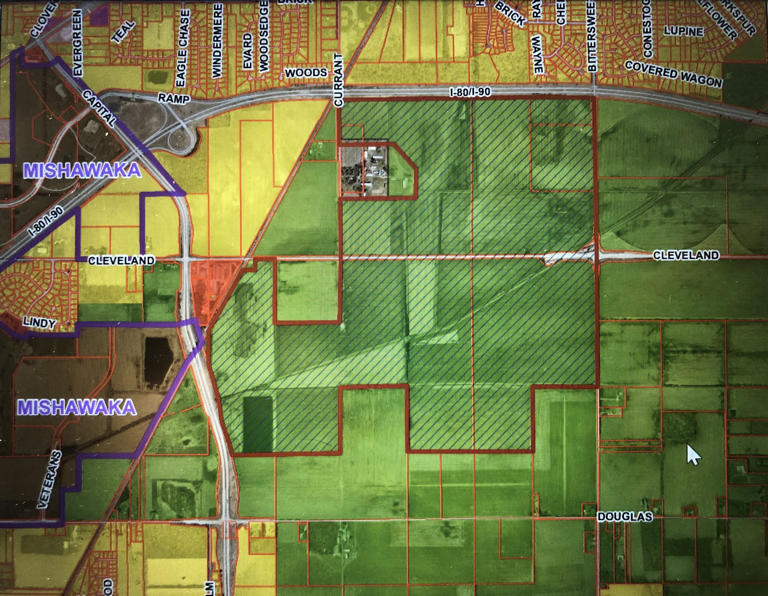 The red line shows the boundaries of more than 900 acres of farmland in Granger of the old St. Joe Farm that's being proposed for rezoning to industrial use. It is coming to St. Joseph County's Area Plan Commission on April 16, 2024.