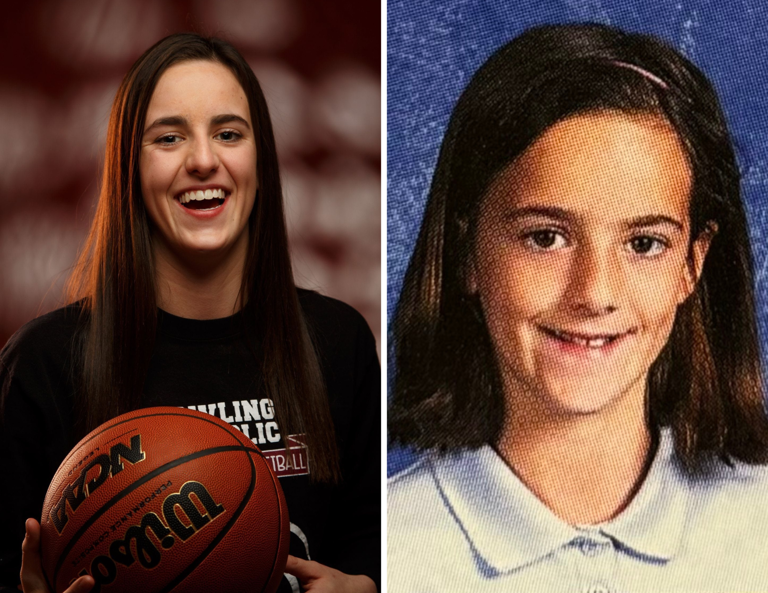 Caitlin Clark in 2018 while at Dowling Catholic (left). Clark in third grade (right).