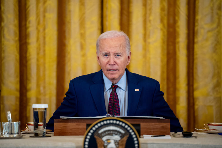 Joe Biden speaks during a trilateral meeting with Japanese Prime Minister Fumio Kishida and Filipino President Ferdinand Marcos in the East Room of the White House on April 11, 2024 in Washington, DC. The president is enjoying success in a number of polls ahead of the presidential election.