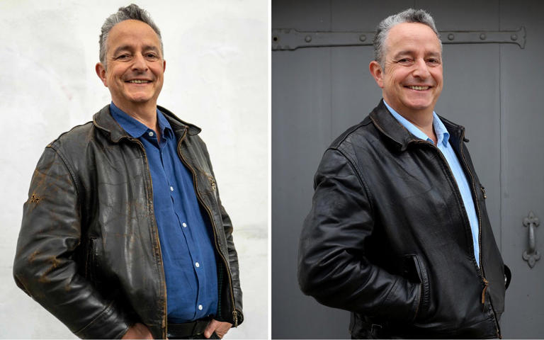 Nick wearing his faithful Aero Leather Highwayman jacket, before (left) and after (right) the repair - Paul Grover